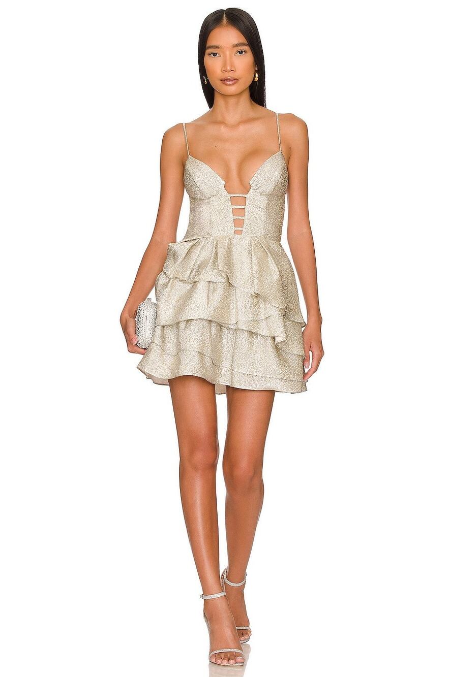 Katie May Elise Strappy Cut-Out Mini Dress in Champagne Size Medium